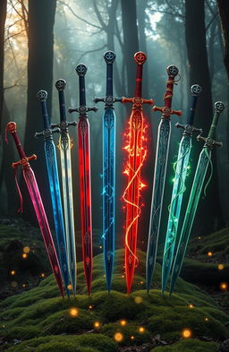 A stunning display of twelve magical swords arranged in a perfect circle, each sword unique with intricate designs and glowing runes along the blades