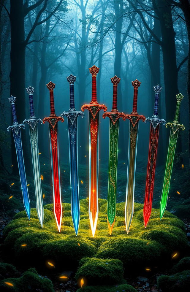 A stunning display of twelve magical swords arranged in a perfect circle, each sword unique with intricate designs and glowing runes along the blades
