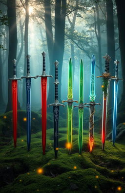 A stunning display of twelve magical swords arranged in a perfect circle, each sword unique with intricate designs and glowing runes along the blades