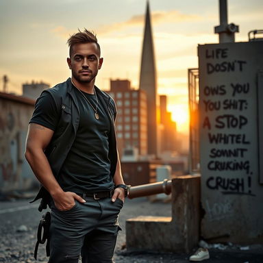 A determined individual standing in a gritty urban setting at dawn, exuding strength and confidence