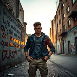 A determined individual standing in a gritty urban setting at dawn, exuding strength and confidence