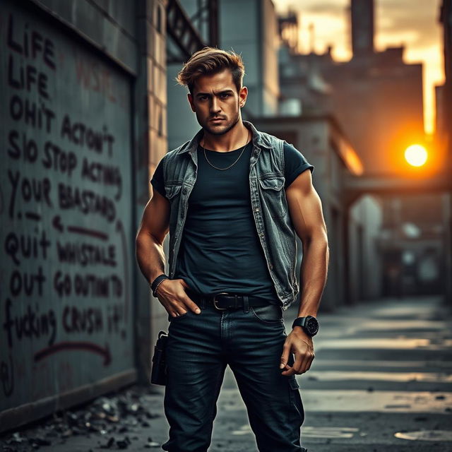 A determined individual standing in a gritty urban setting at dawn, exuding strength and confidence