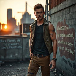 A determined individual standing in a gritty urban setting at dawn, exuding strength and confidence