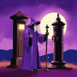 A digital art piece depicts a wizard, dressed in a traditional purple robe, repairing an old, rusted gas pump with a wrench and his magical staff under a starlit sky