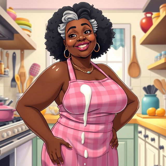 A sexy Anime depiction of a Black American grandmother with voluptuous features, standing confidently in a kitchen