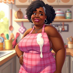 A sexy Anime depiction of a Black American grandmother with voluptuous features, standing confidently in a kitchen