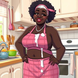 A sexy Anime depiction of a Black American grandmother with voluptuous features, standing confidently in a kitchen
