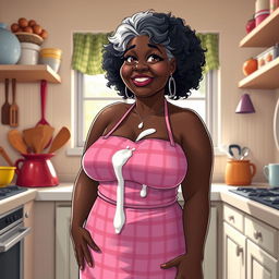 A sexy Anime depiction of a Black American grandmother with voluptuous features, standing confidently in a kitchen