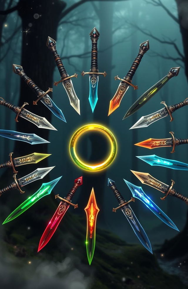 Twelve beautifully crafted magical swords arranged in a perfect circle surrounding an enchanting, glowing magical ring