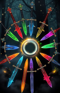 Twelve beautifully crafted magical swords arranged in a perfect circle surrounding an enchanting, glowing magical ring