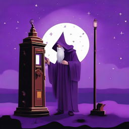 A digital art piece depicts a wizard, dressed in a traditional purple robe, repairing an old, rusted gas pump with a wrench and his magical staff under a starlit sky