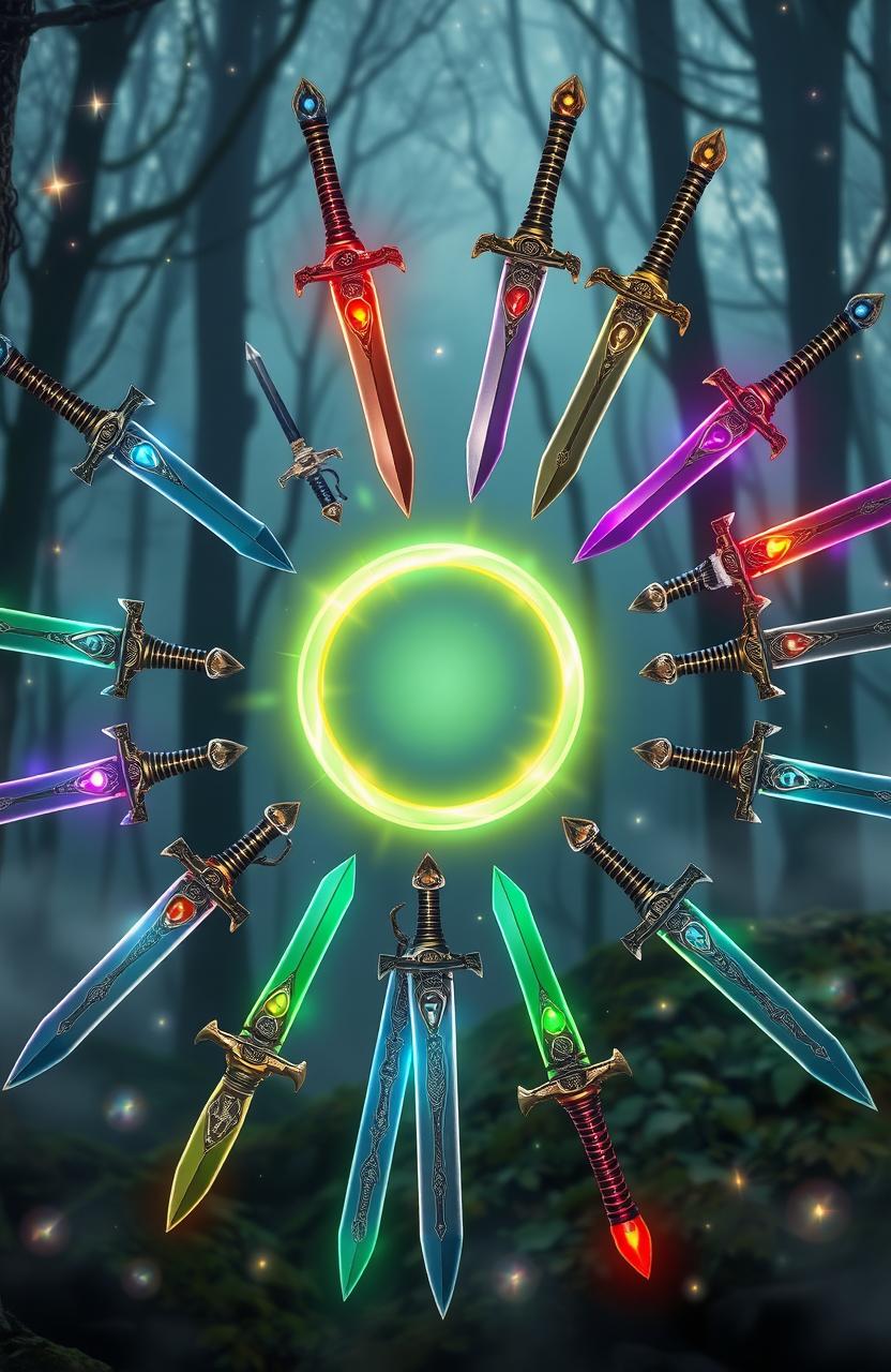 Twelve beautifully crafted magical swords arranged in a perfect circle surrounding an enchanting, glowing magical ring