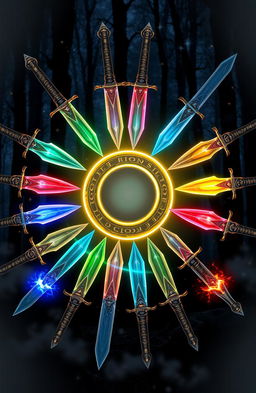 Twelve beautifully crafted magical swords arranged in a perfect circle surrounding an enchanting, glowing magical ring
