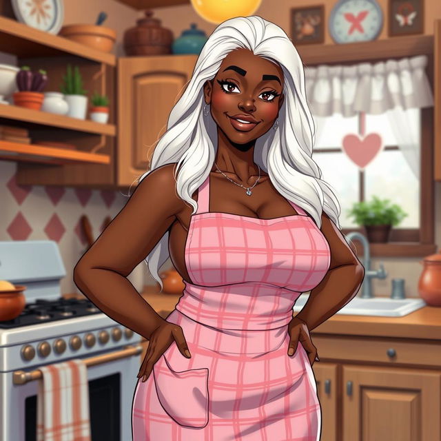 A sexy anime styled Black American grandmother with long white hair, featuring voluptuous curves and big breasts, standing confidently in a cozy kitchen