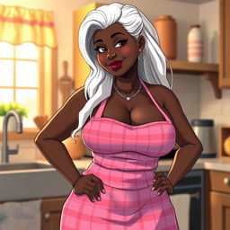 A sexy anime styled Black American grandmother with long white hair, featuring voluptuous curves and big breasts, standing confidently in a cozy kitchen