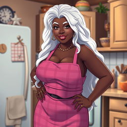 A sexy anime styled Black American grandmother with long white hair, featuring voluptuous curves and big breasts, standing confidently in a cozy kitchen