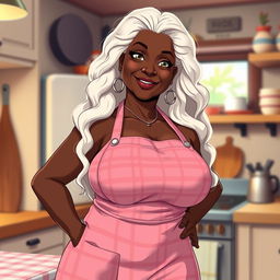 A sexy anime styled Black American grandmother with long white hair, featuring voluptuous curves and big breasts, standing confidently in a cozy kitchen