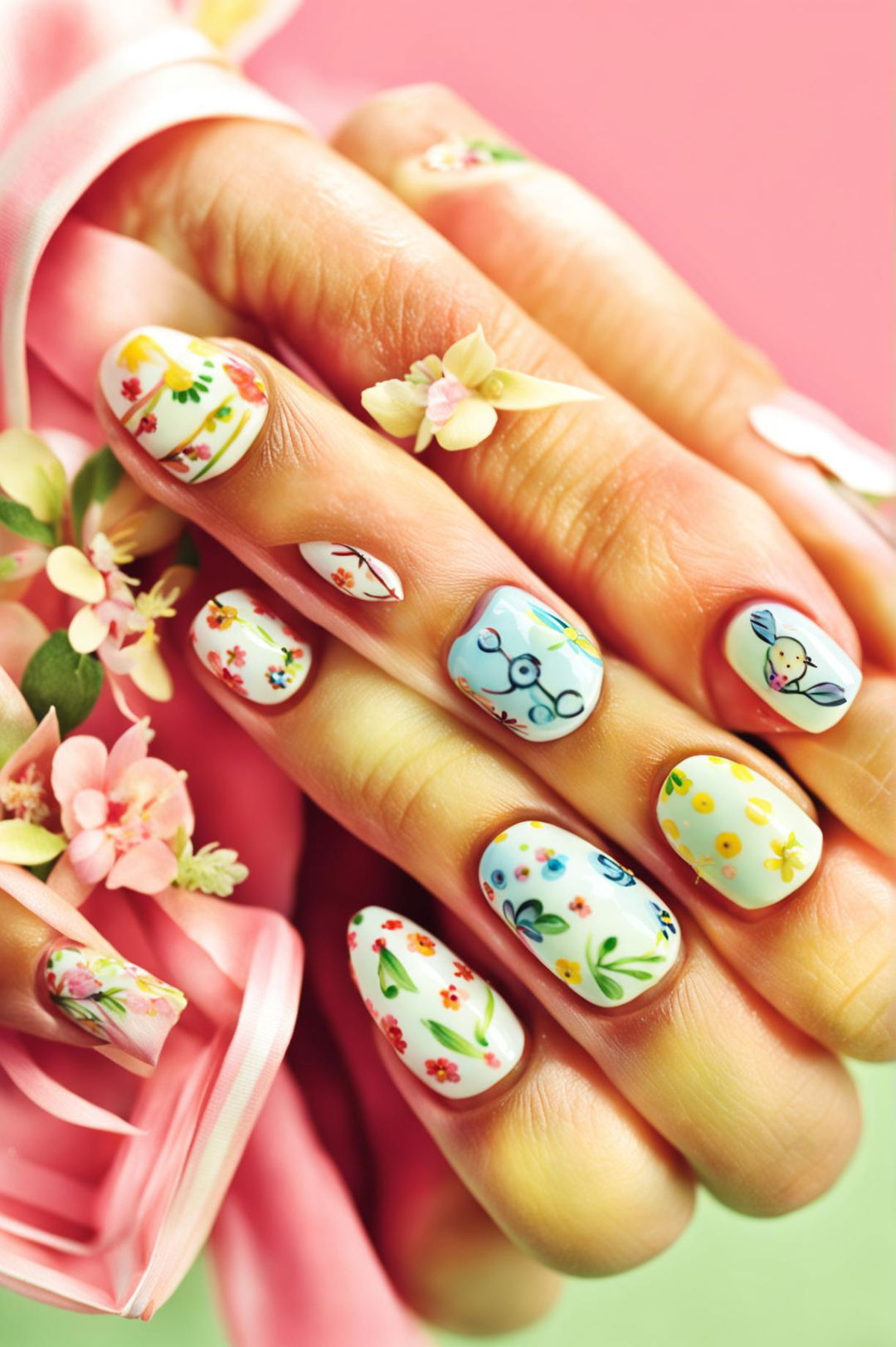 A high-resolution photograph displaying intricate Easter-themed nail art against a pastel backdrop