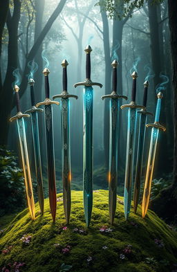 A mesmerizing display of twelve magical swords elegantly arranged in a perfect circle