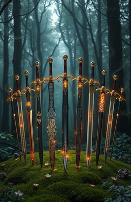 A mesmerizing display of twelve magical swords elegantly arranged in a perfect circle