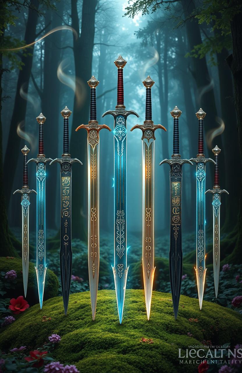 A mesmerizing display of twelve magical swords elegantly arranged in a perfect circle