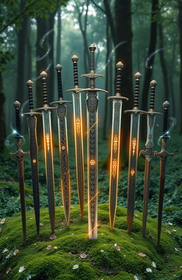 A mesmerizing display of twelve magical swords elegantly arranged in a perfect circle