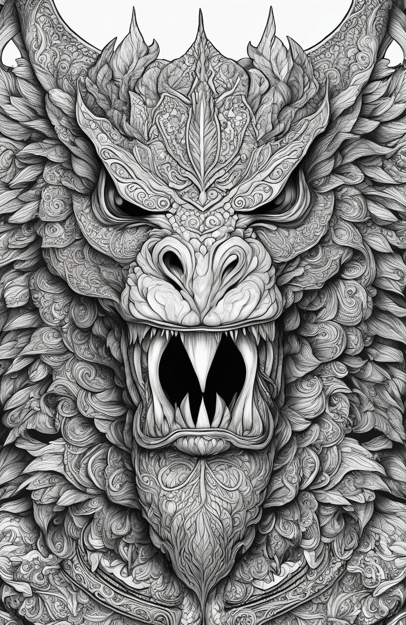 A high-quality black and white digital drawing in the style of Tim Jeffs featuring a detailed, fearsome monster