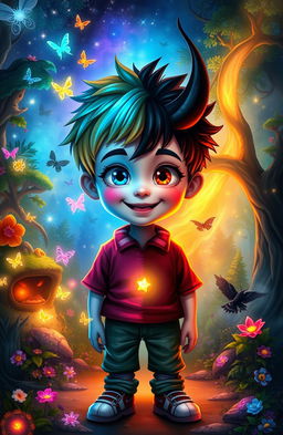 A young boy standing in a vibrant fantasy world, his appearance split to represent his dual personalities: one side embodies good with a glowing aura, bright colors, and a cheerful expression, while the other side depicts evil with dark shadows, sharp features, and mischievous eyes