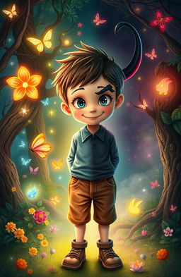 A young boy standing in a vibrant fantasy world, his appearance split to represent his dual personalities: one side embodies good with a glowing aura, bright colors, and a cheerful expression, while the other side depicts evil with dark shadows, sharp features, and mischievous eyes