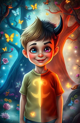 A young boy standing in a vibrant fantasy world, his appearance split to represent his dual personalities: one side embodies good with a glowing aura, bright colors, and a cheerful expression, while the other side depicts evil with dark shadows, sharp features, and mischievous eyes