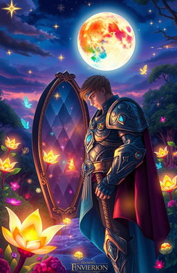 A heroic figure gazing into a reflective surface, surrounded by a magical world filled with vibrant, whimsical elements