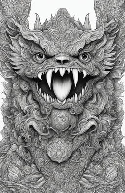 A high-quality black and white digital drawing in the style of Tim Jeffs featuring a detailed, fearsome monster