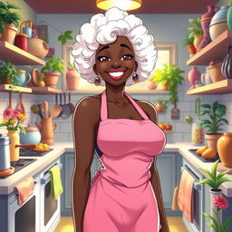 A sexy anime-style illustration of a black American grandmother with short, curly, white hair and big breasts, wearing only a pink apron