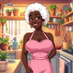 A sexy anime-style illustration of a black American grandmother with short, curly, white hair and big breasts, wearing only a pink apron