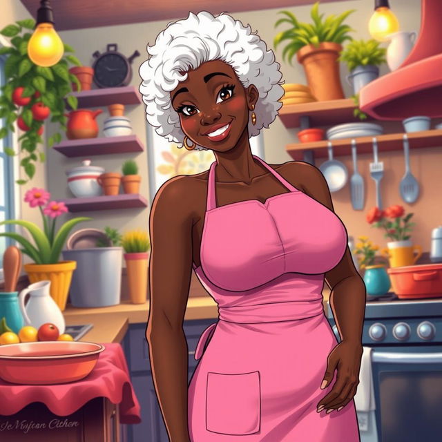 A sexy anime-style illustration of a black American grandmother with short, curly, white hair and big breasts, wearing only a pink apron