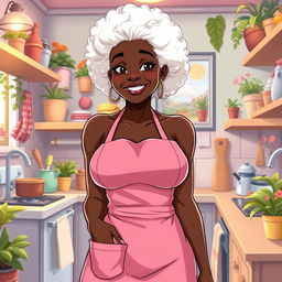 A sexy anime-style illustration of a black American grandmother with short, curly, white hair and big breasts, wearing only a pink apron