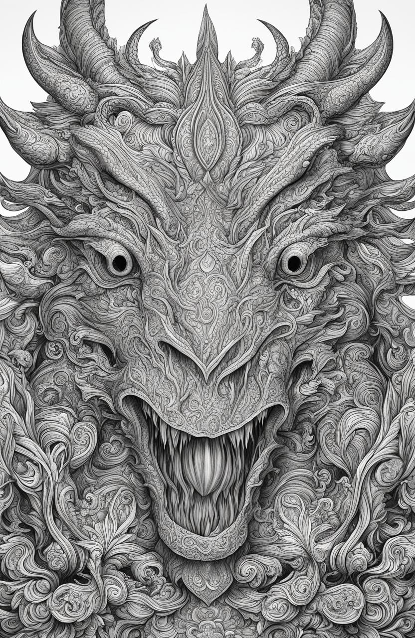 A high-quality black and white digital drawing in the style of Tim Jeffs featuring a detailed, fearsome monster