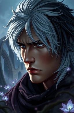 A close-up portrait of a hero with striking half white and half black hair, gazing darkly into the distance