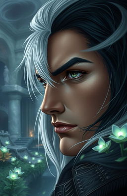 A close-up portrait of a hero with striking half white and half black hair, gazing darkly into the distance