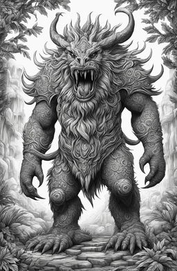 A high-quality black and white digital drawing in the style of Tim Jeffs featuring a detailed, fearsome monster