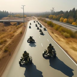 aerial view 10 combatants, in military camouflage, flying on hover-boards in the sky, next to a  one-lane freeway, all combatants are armed with assault rifles and clad in skeleton face mask and normal bullet proof vests