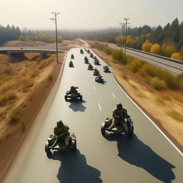 aerial view 10 combatants, in military camouflage, flying on hover-boards in the sky, next to a  one-lane freeway, all combatants are armed with assault rifles and clad in skeleton face mask and normal bullet proof vests