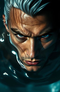 A close-up of a male hero with striking features, staring darkly with intense expression