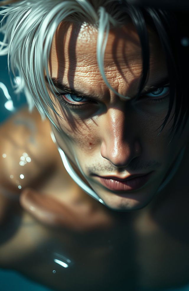 A close-up of a male hero with striking features, staring darkly with intense expression