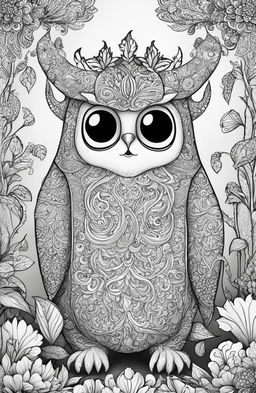 A high-quality black and white digital drawing designed as a coloring page, featuring a whimsical and detailed monster in the style of Johanna Basford