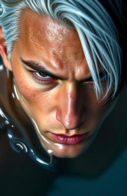 A close-up of a male hero with striking features, staring darkly with intense expression