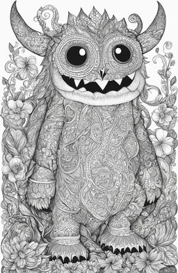 A high-quality black and white digital drawing designed as a coloring page, featuring a whimsical and detailed monster in the style of Johanna Basford