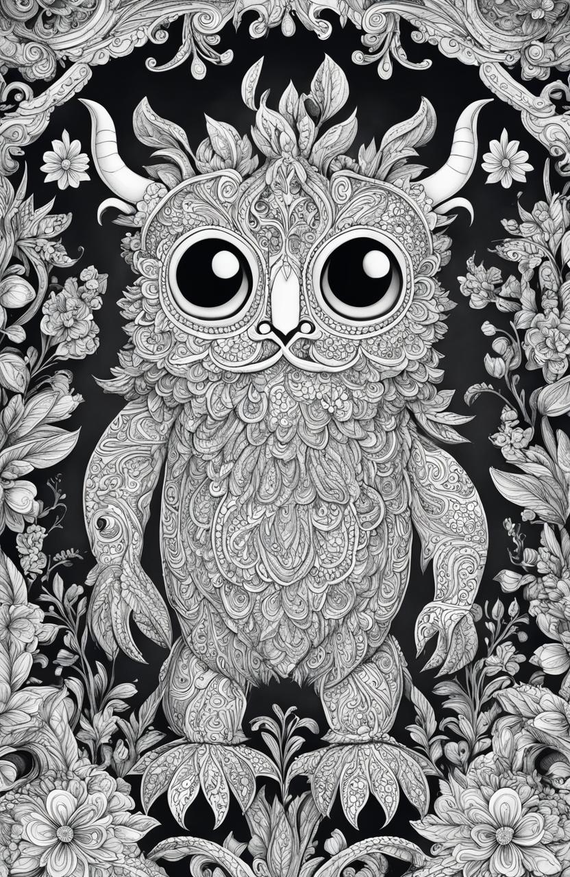 A high-quality black and white digital drawing designed as a coloring page, featuring a whimsical and detailed monster in the style of Johanna Basford