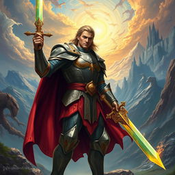 A heroic male figure standing tall and confident in a vibrant fantasy landscape, embodying the classic themes of good versus evil