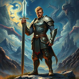 A heroic male figure standing tall and confident in a vibrant fantasy landscape, embodying the classic themes of good versus evil